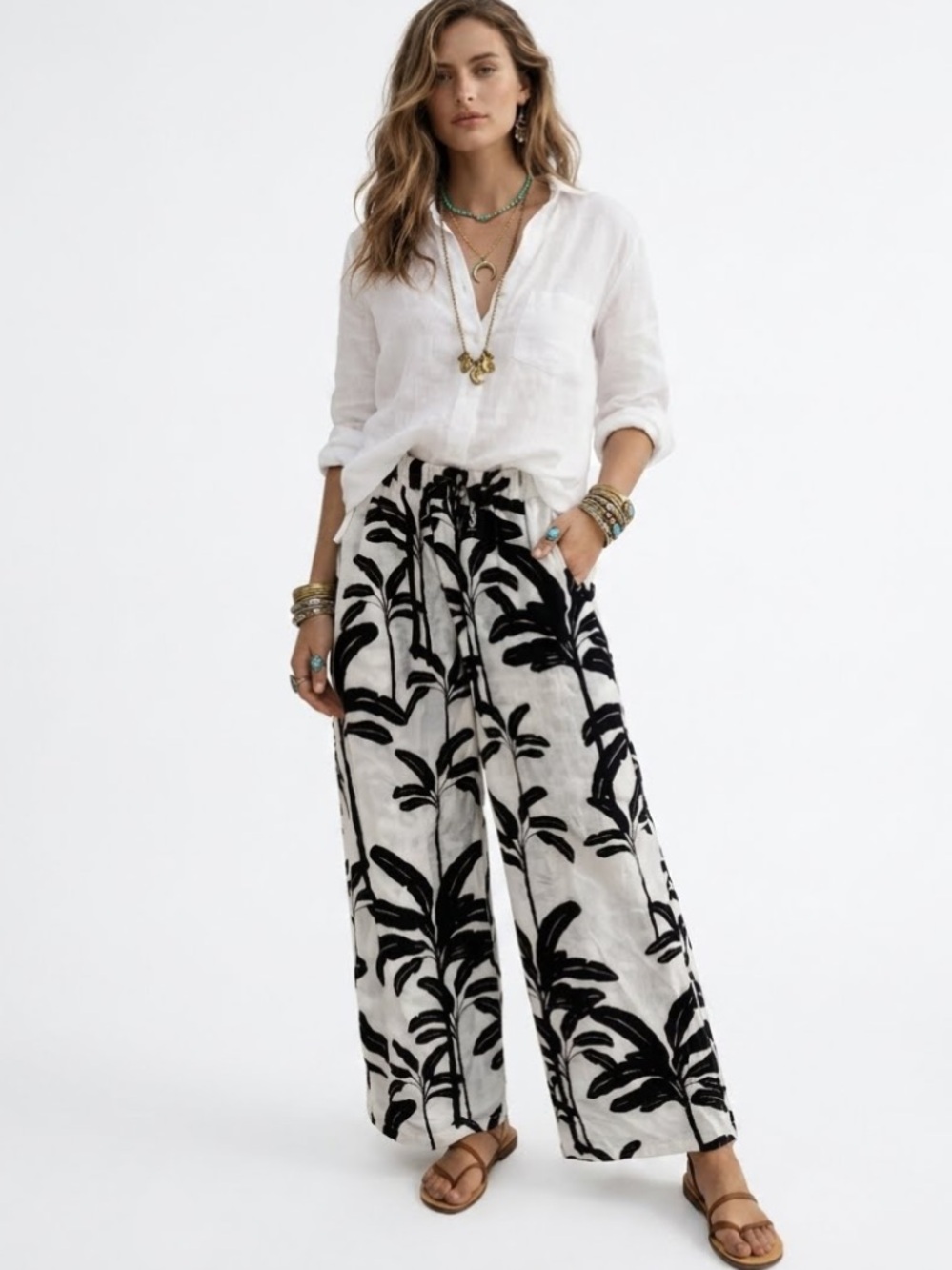 Tahari White Linen Wide Leg Black Tropical Leaf Print Pants XL Elastic Pull On - Picture 2 of 10
